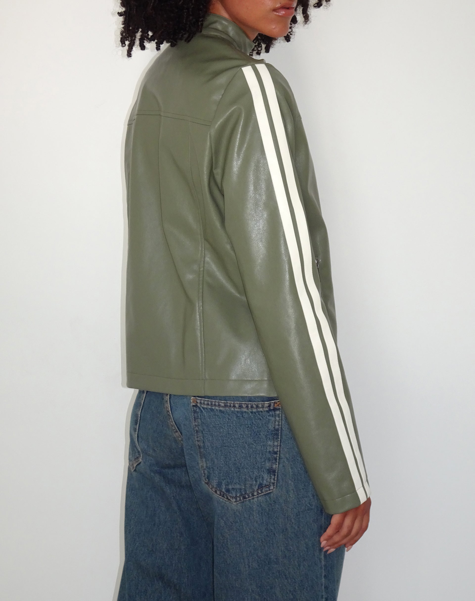 Image de Jacquie Zip Up Biker Jacket in PU Green with Ivory Stripe