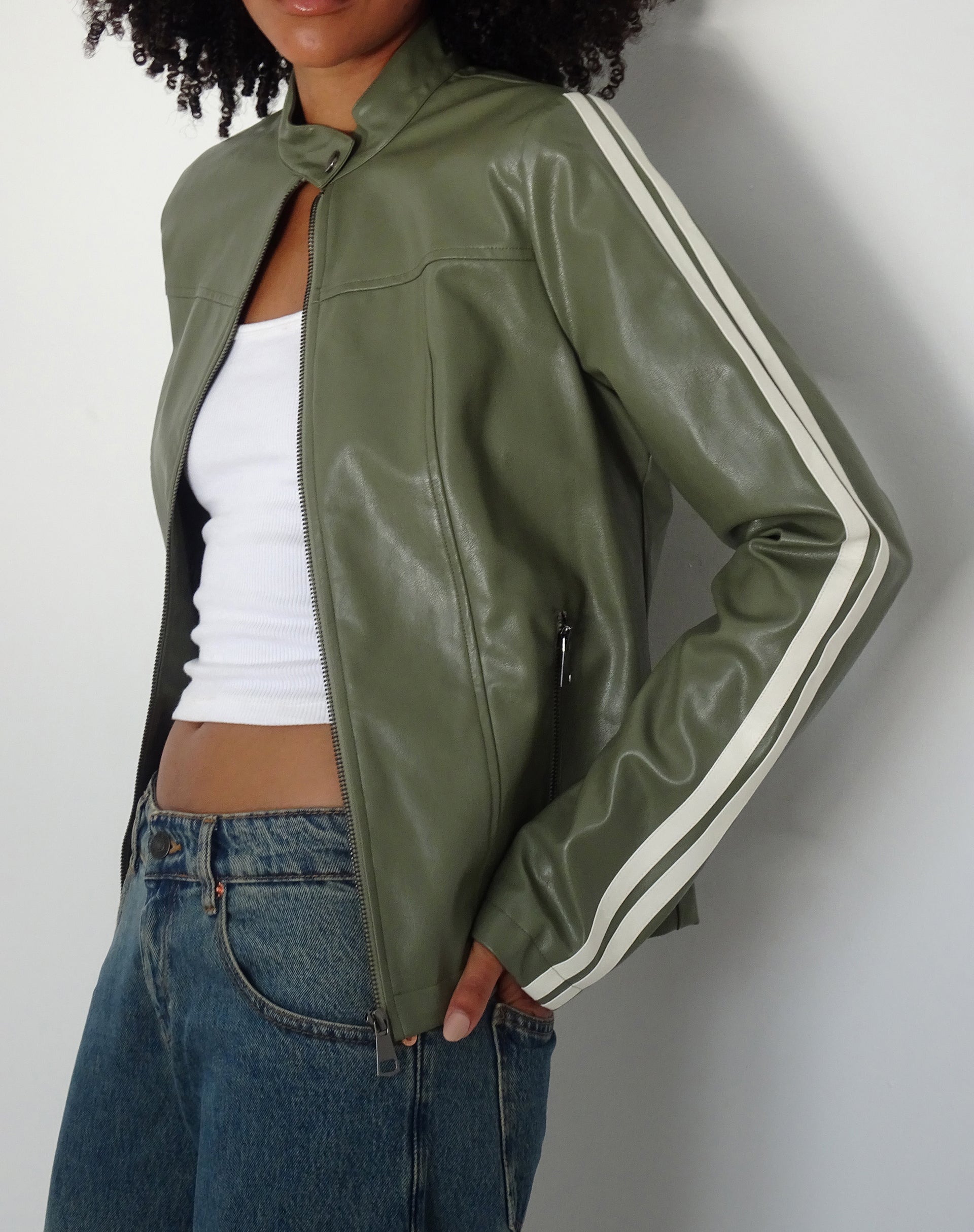 Image de Jacquie Zip Up Biker Jacket in PU Green with Ivory Stripe