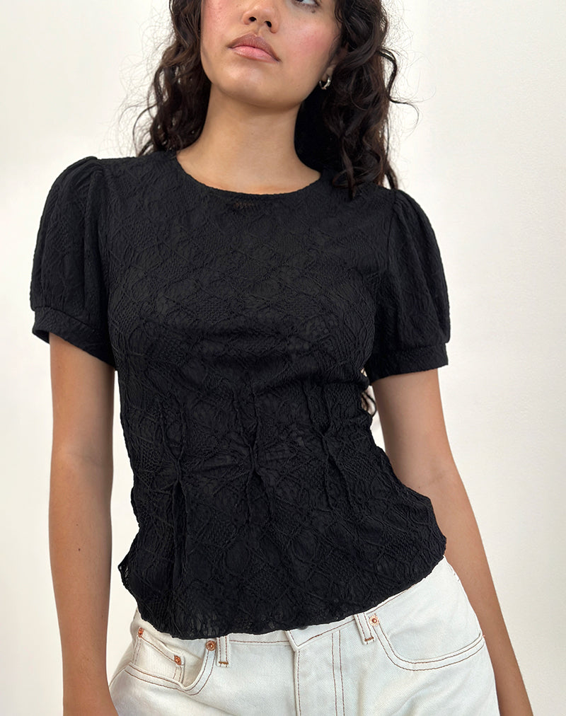 Jaina - Top à manches bouffantes - Noir texturé