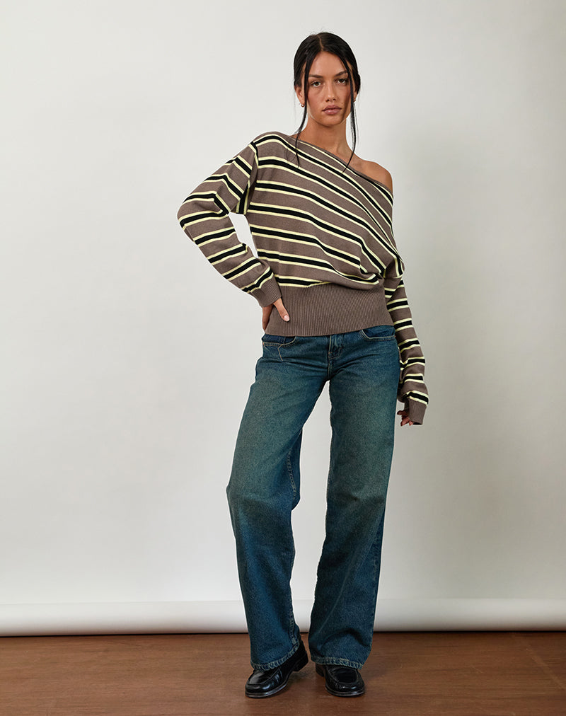 Pull Jalira Asymmetric Cinch à rayures marron et jaunes