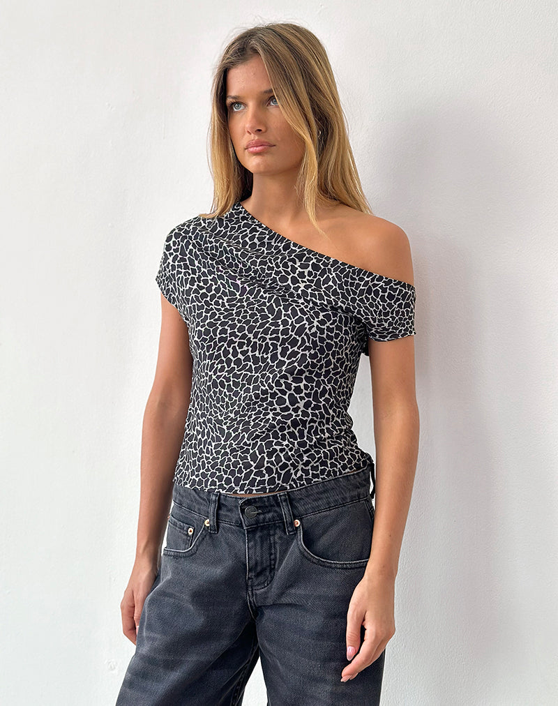 Jaridah - Top slouch asymétrique en girafe noir et crème