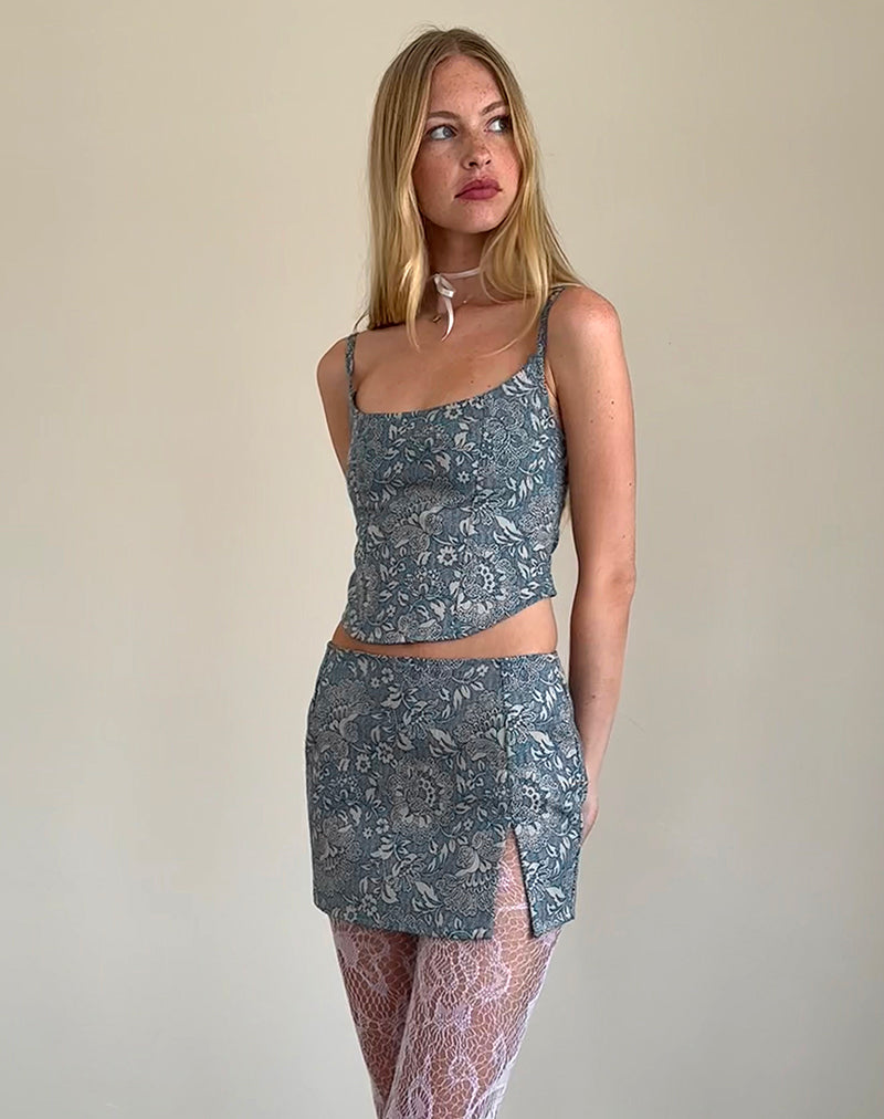 Image de la mini-jupe Pravara en bleu imprimé orné