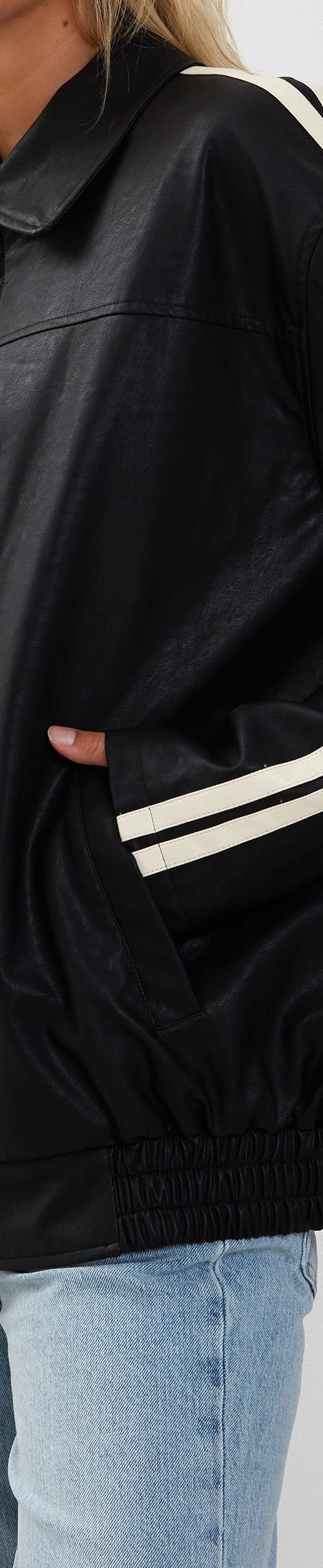 Image of Javana Zip Up Jacket in PU Black with Beige Stripe