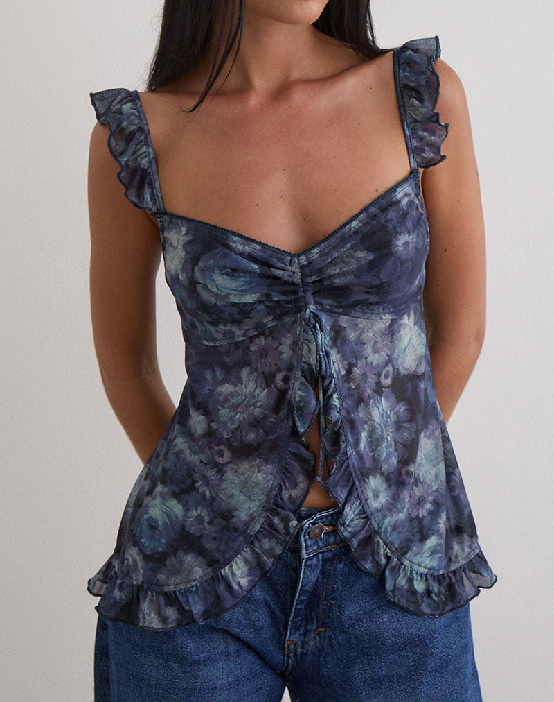 Image de Jibola Top in Mesh Arty Flowers Dark Blue