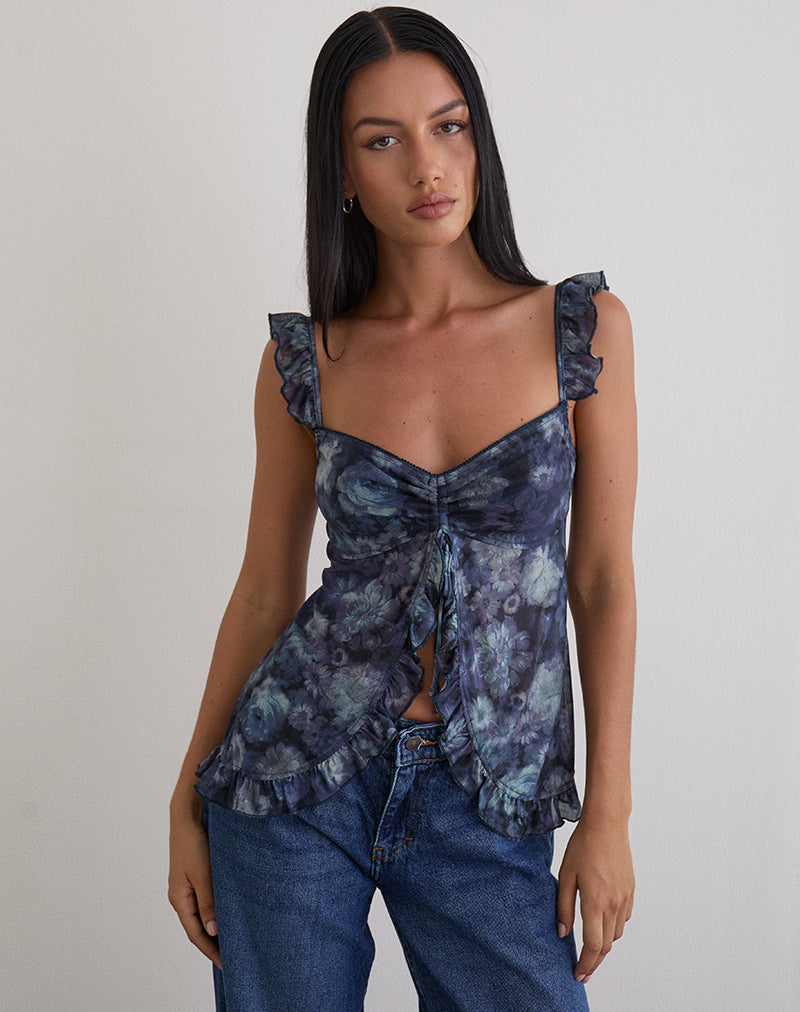 Image de Jibola Top in Mesh Arty Flowers Dark Blue