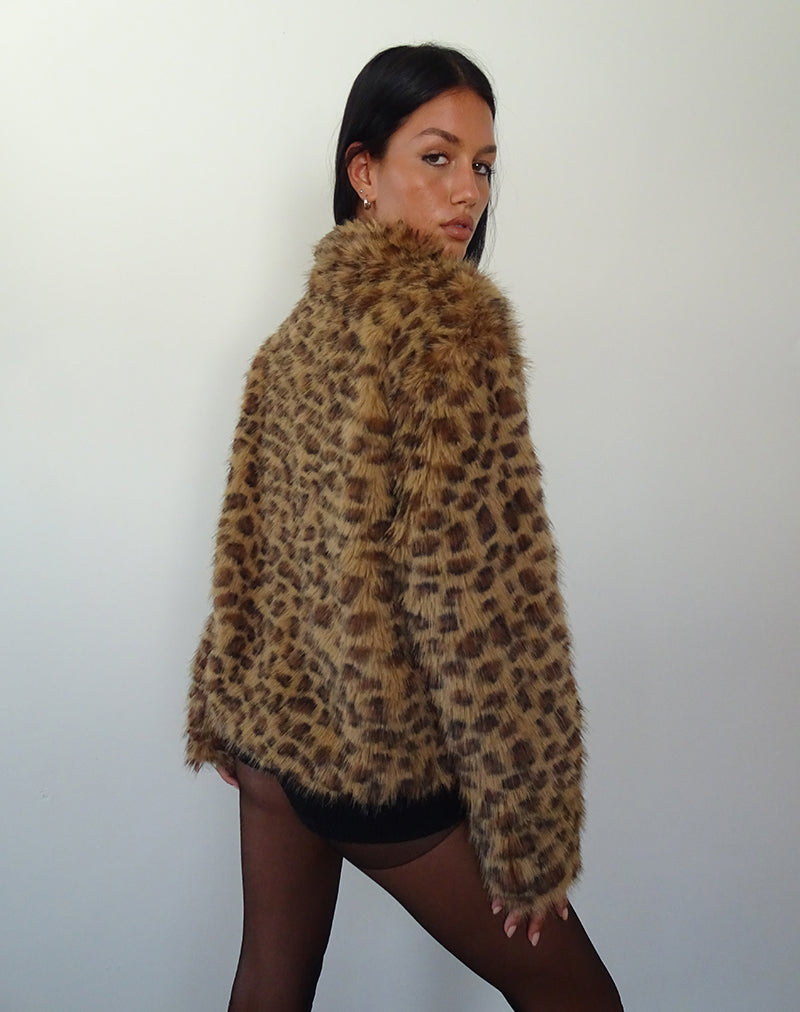 Image de Joji Crop Faux Fur Jacket in Brown Leopard