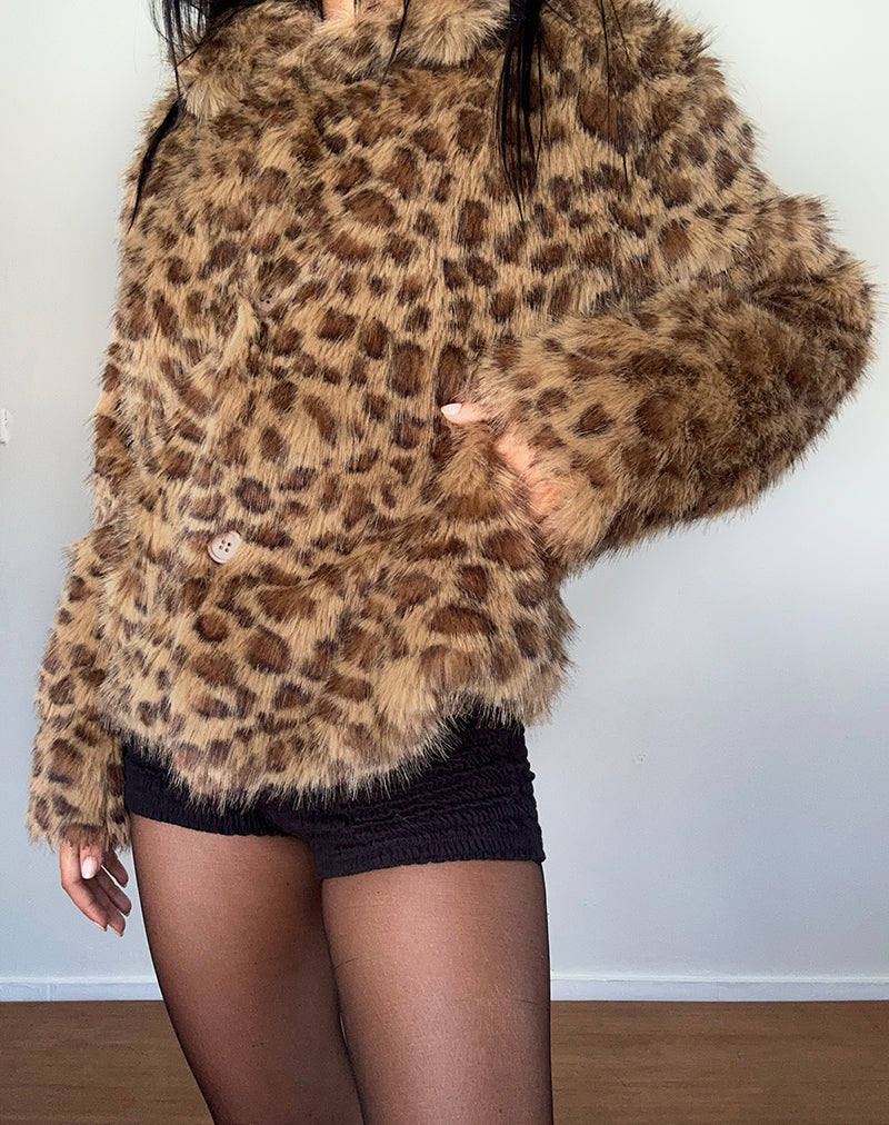 Image de Joji Crop Faux Fur Jacket in Brown Leopard