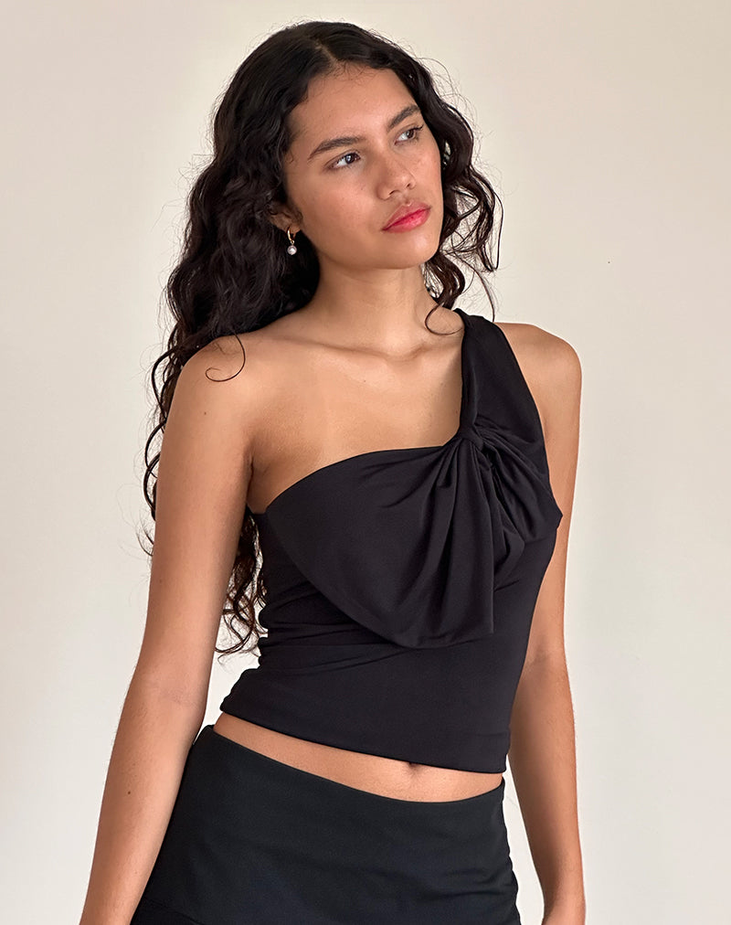 Jovie One Shoulder Slinky Bow Top in Black (Top asymétrique avec nœud coulissant)
