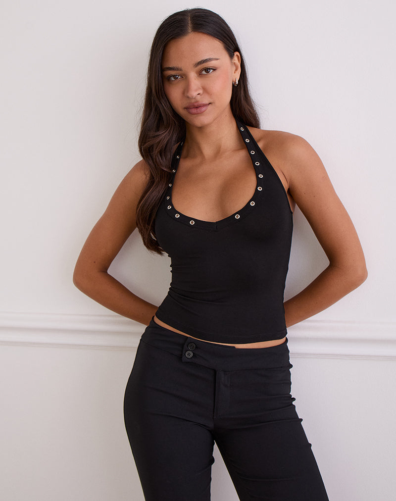 Jugo Halterneck Top in Black with Eyelets (Top dos nu en noir avec œillets)