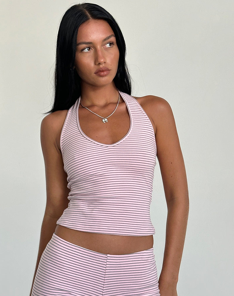 Jules Halter Top in Pink and Grey Jersey Stripe (Top dos nu en jersey rayé rose et gris)