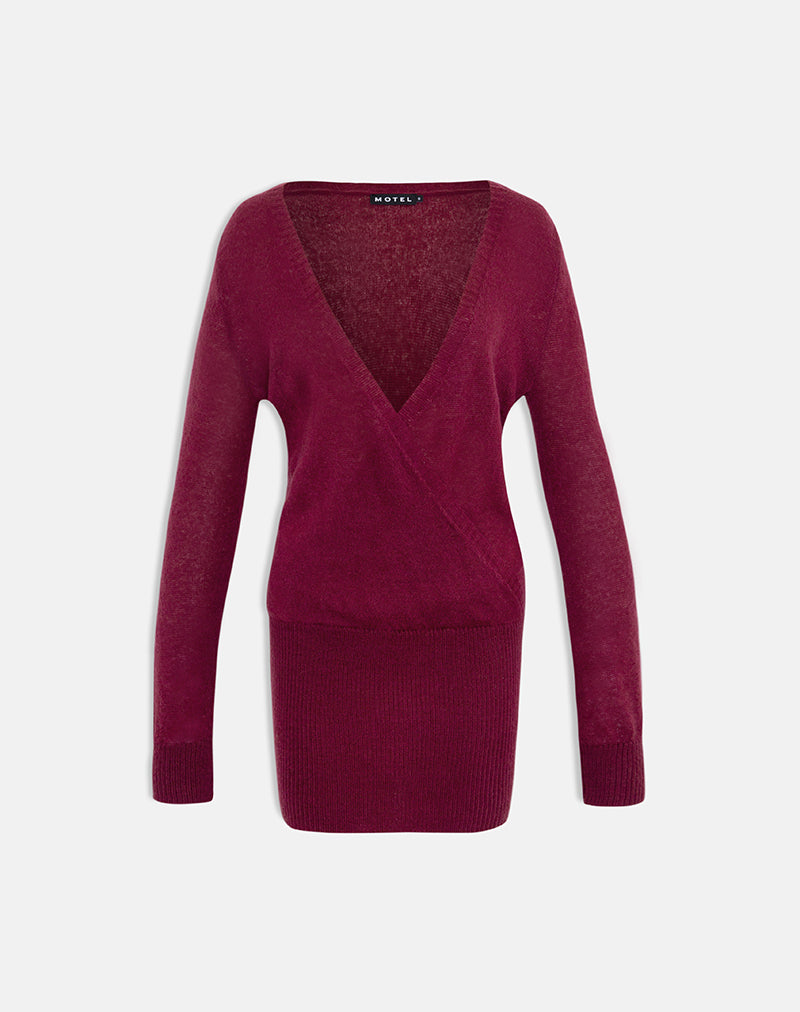 Image de la mini-robe Junbi Wrap en tricot couleur vin