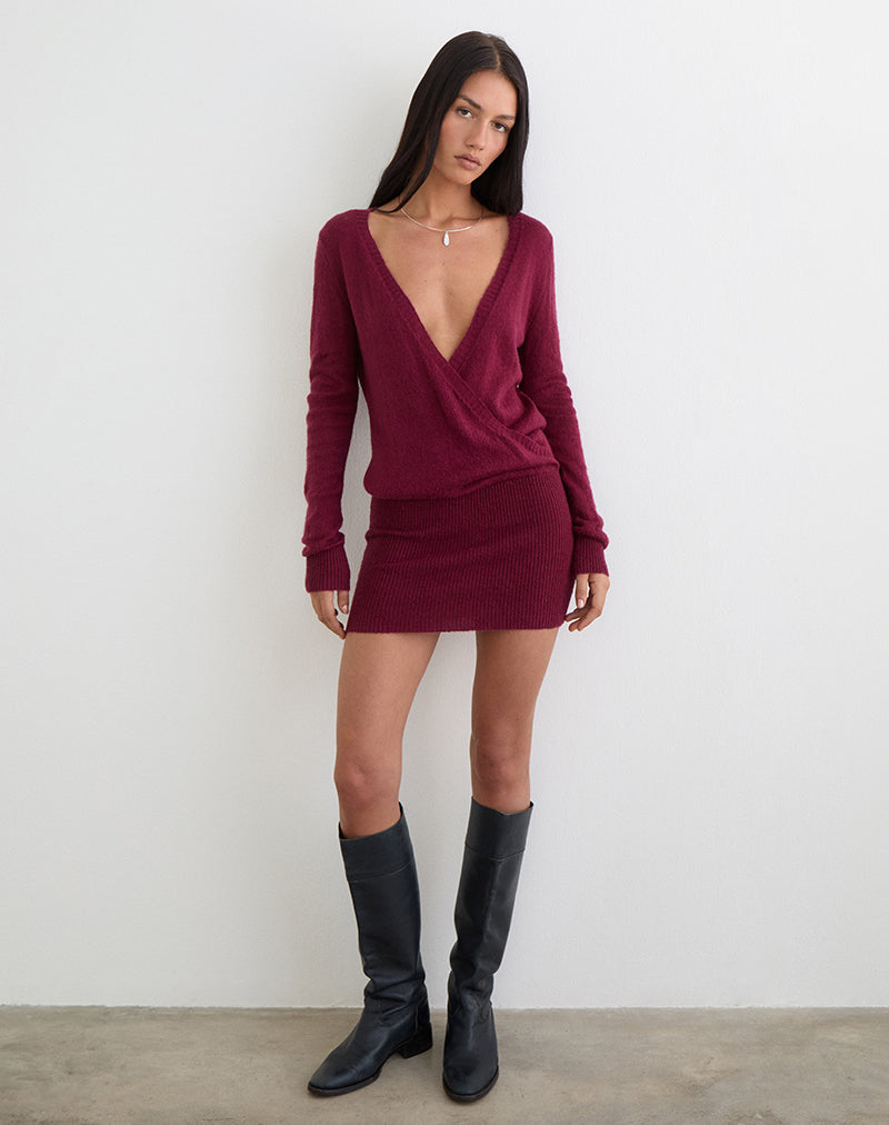 Image de la mini-robe Junbi Wrap en tricot couleur vin