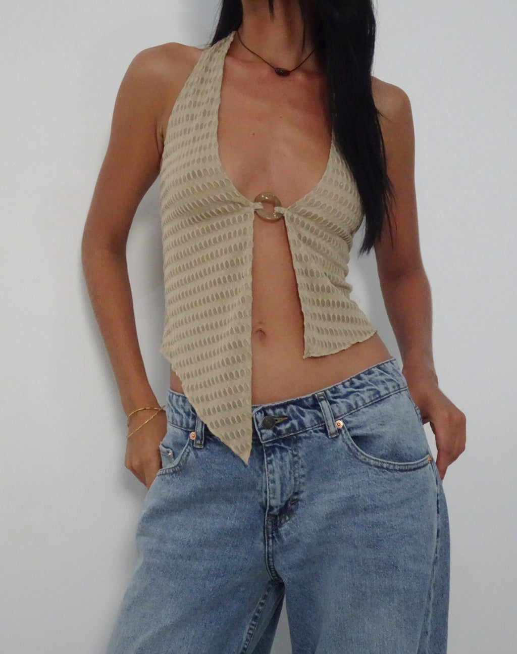 Kacie Waffle Knit Halterneck Butterfly Top in Oat (Top papillon gaufré en tricot)