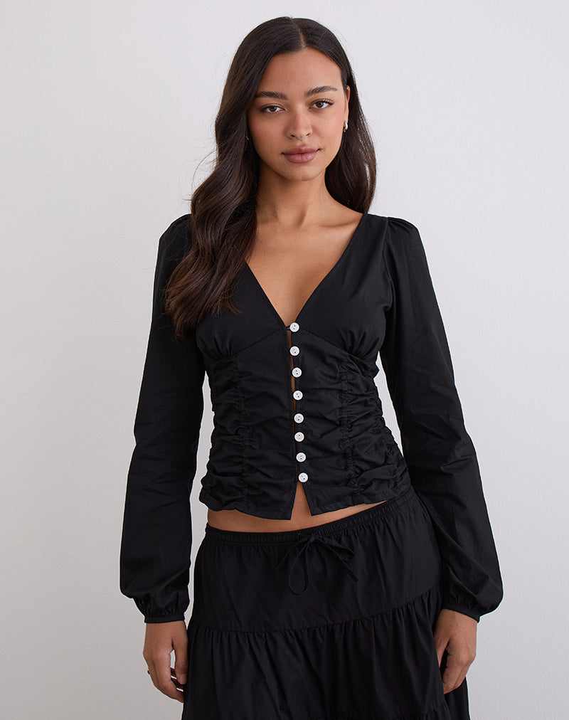 Image of Kadek Fitted Plunge Blouse in Poplin Black