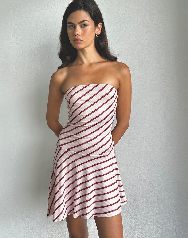 Kagari Mini Dress in Diagonal Stripe Pink (Mini robe à rayures diagonales)