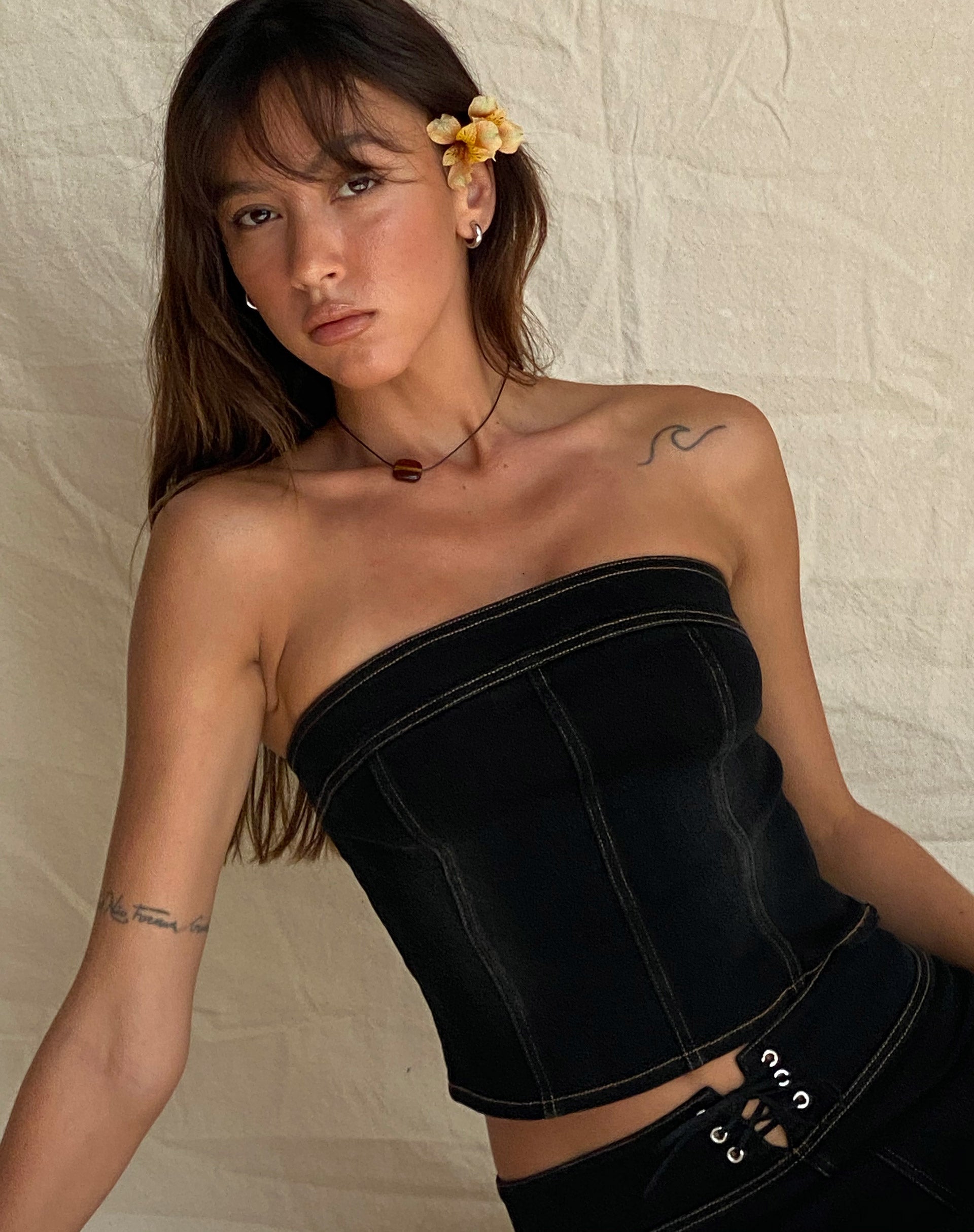 Image de Kaiha Denim Bandeau Corset Top in Black Wash