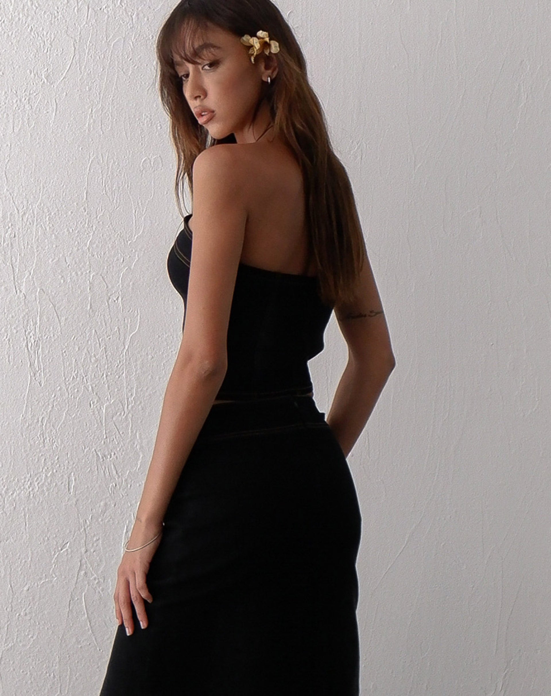 Image de Kaiha Denim Bandeau Corset Top in Black Wash