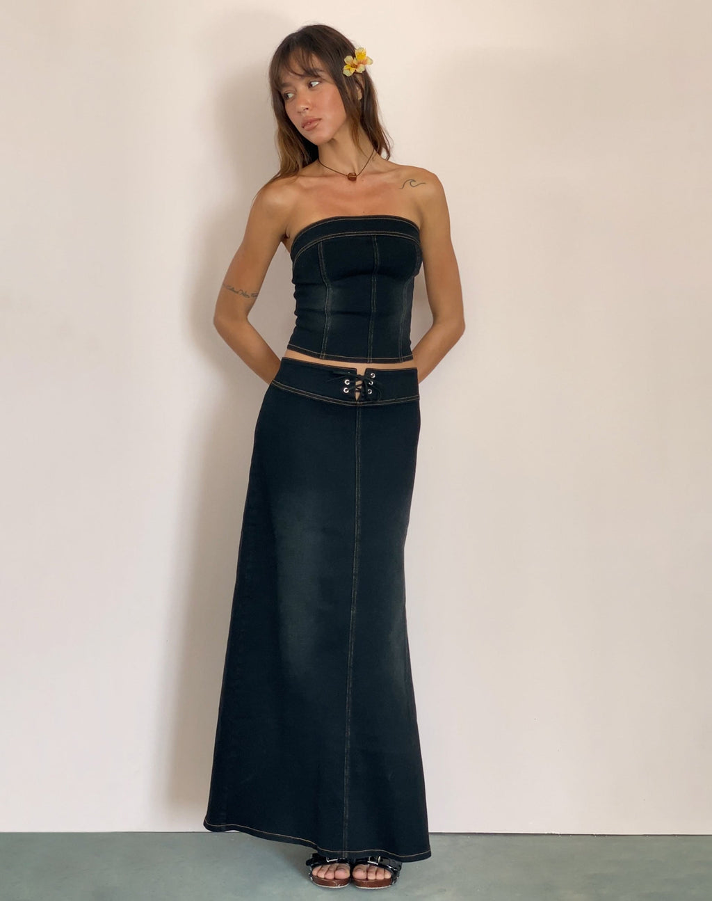 Jupe longue en denim Lafille, noir délavé