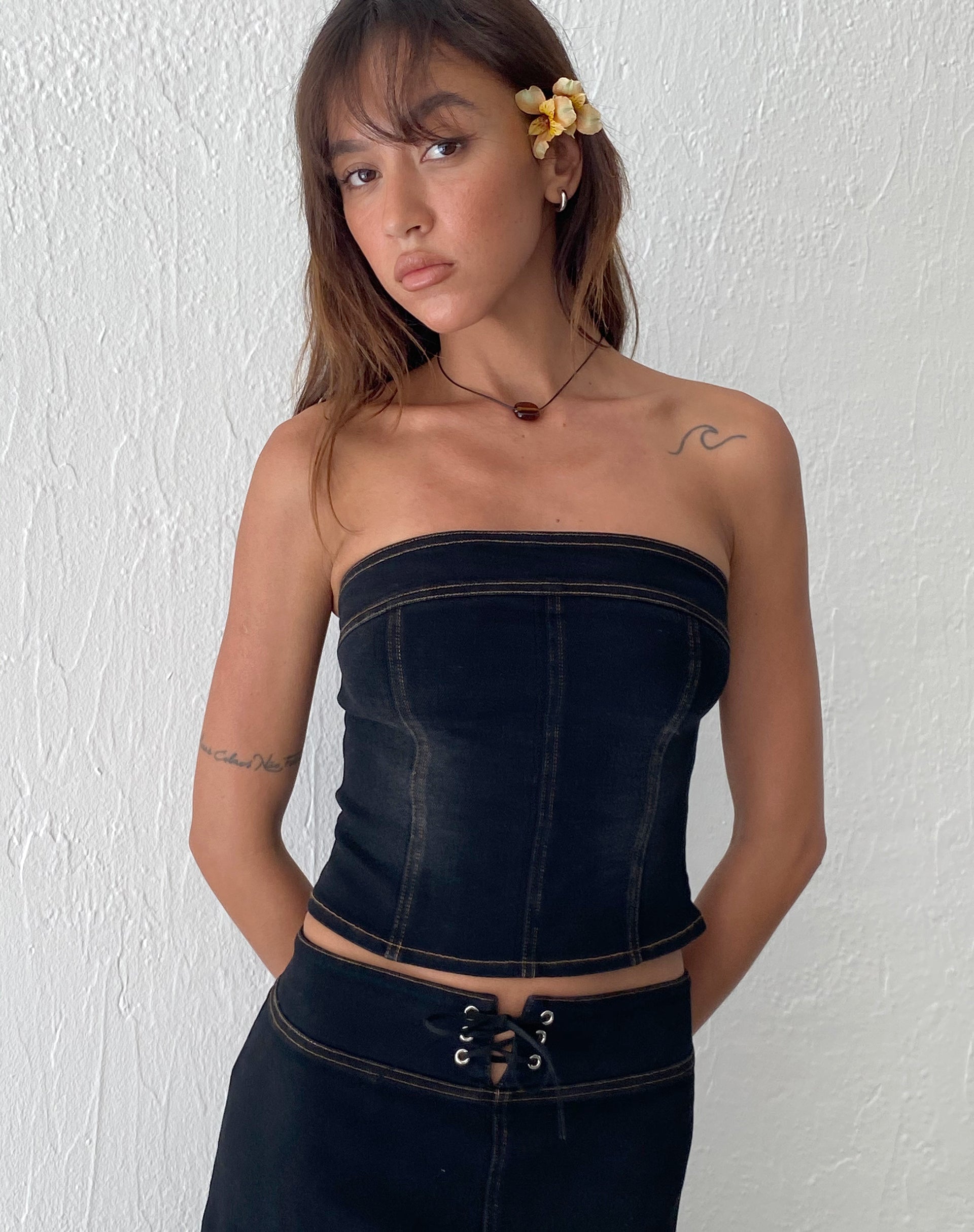 Image de Kaiha Denim Bandeau Corset Top in Black Wash