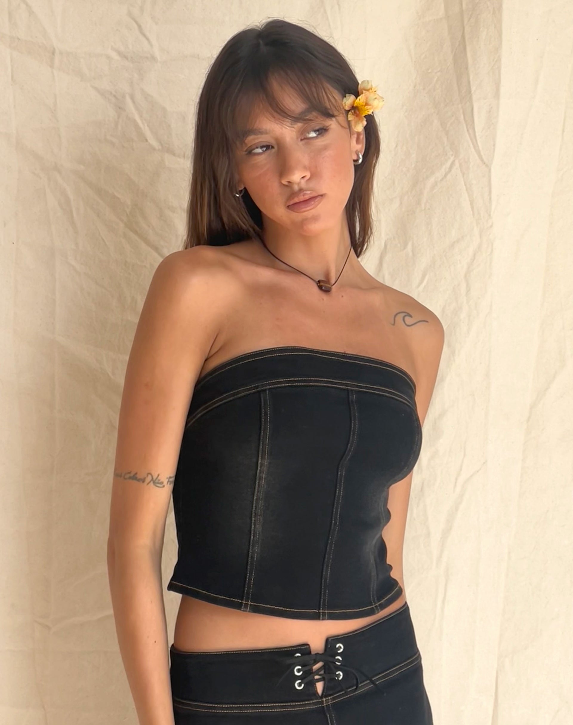 Image de Kaiha Denim Bandeau Corset Top in Black Wash