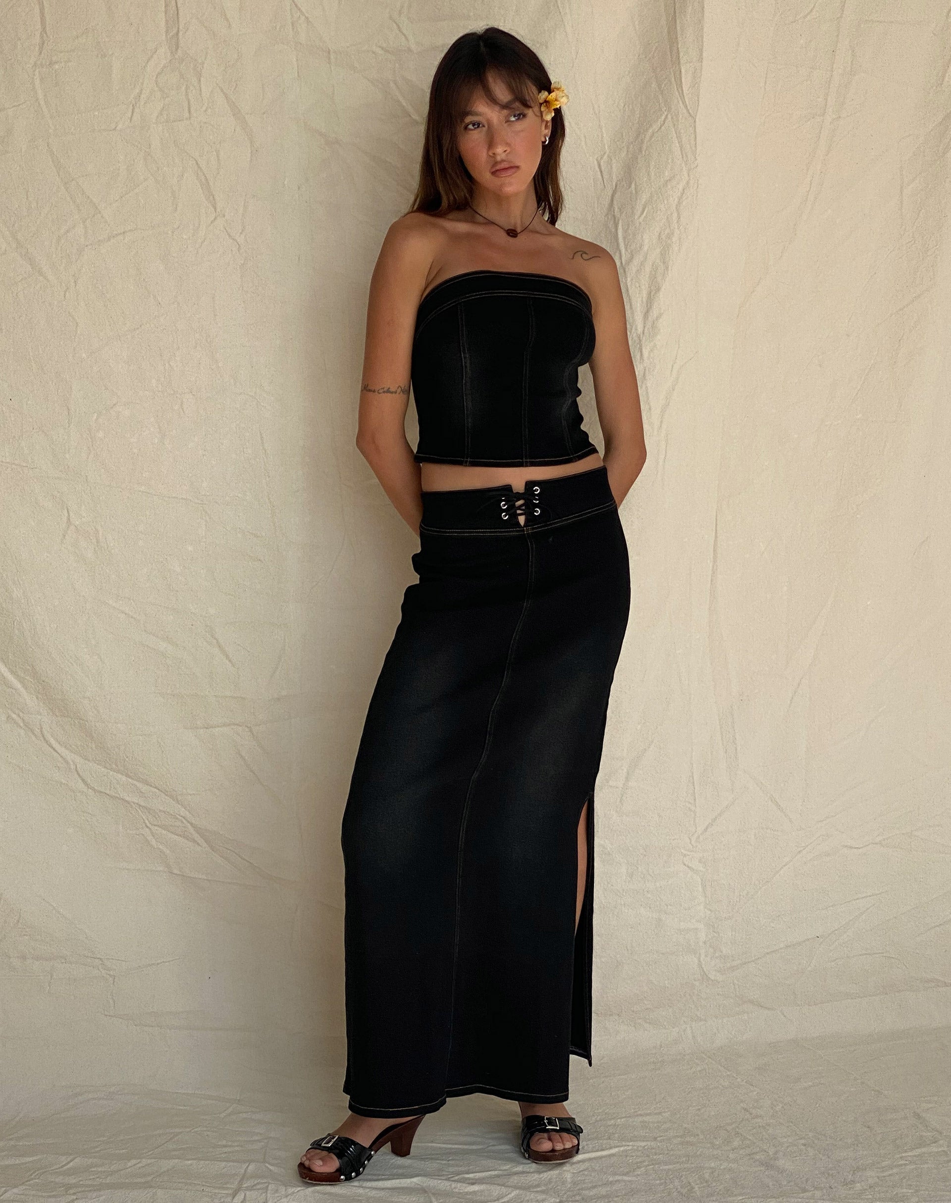 Image de Kaiha Denim Bandeau Corset Top in Black Wash