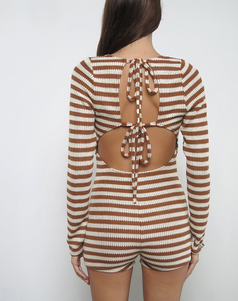 Image de Kaipo Tie Back Playsuit in Brown Ivory Stripe