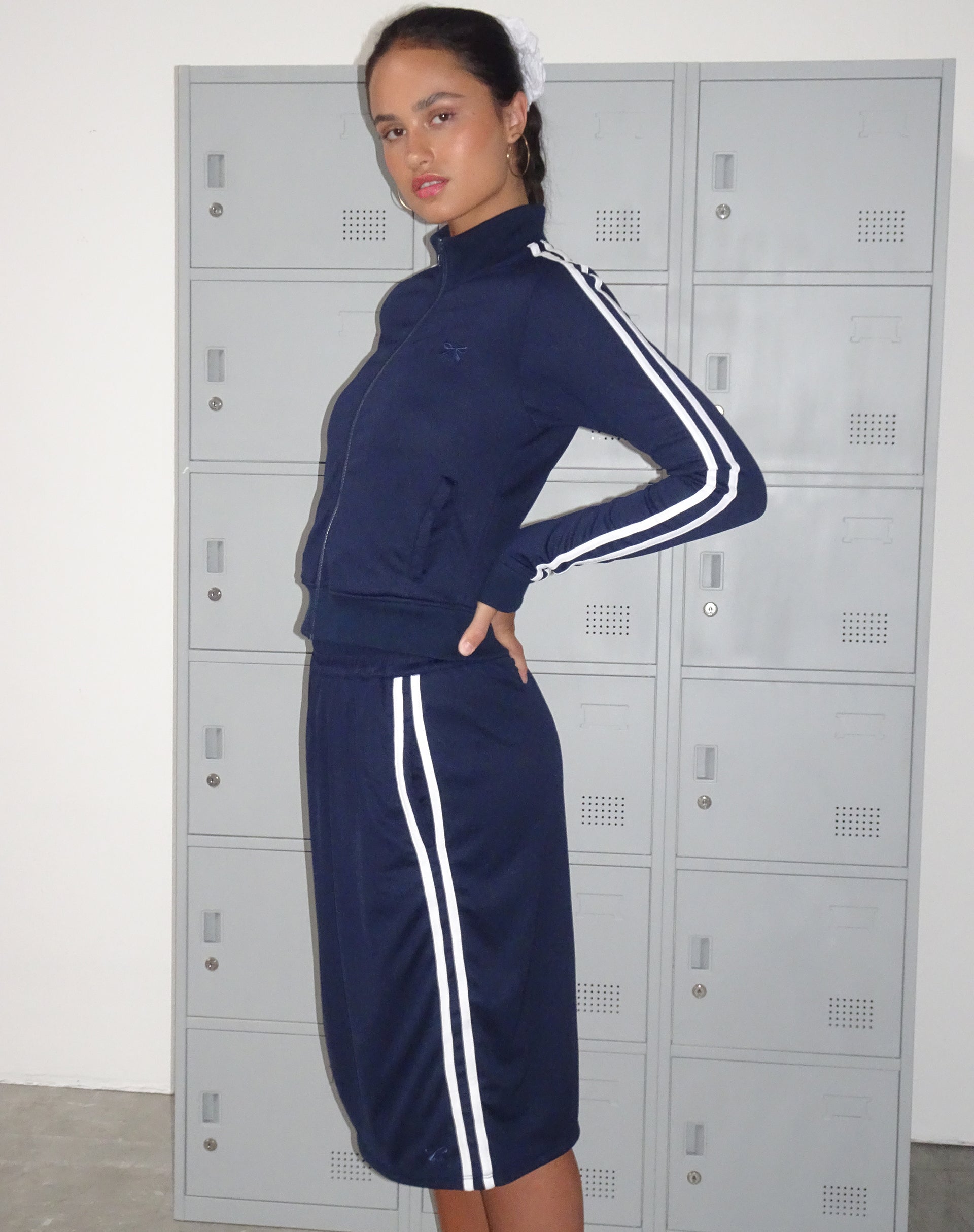 Image of Kaizen Midi Skirt in Navy with White Double Stripe