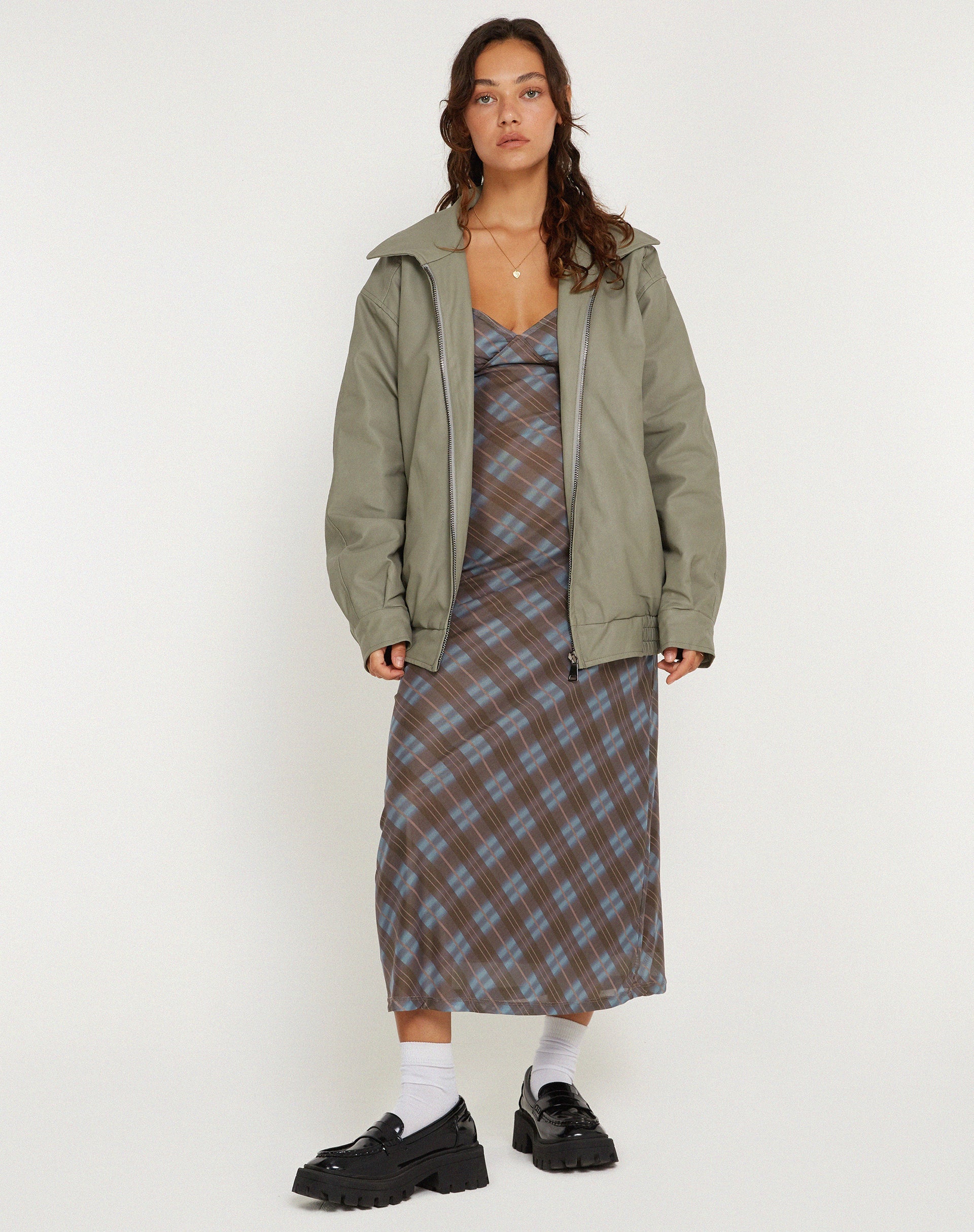 Image de KALANA DRESS GREEN BLURRED CHECK DARK OLIVE