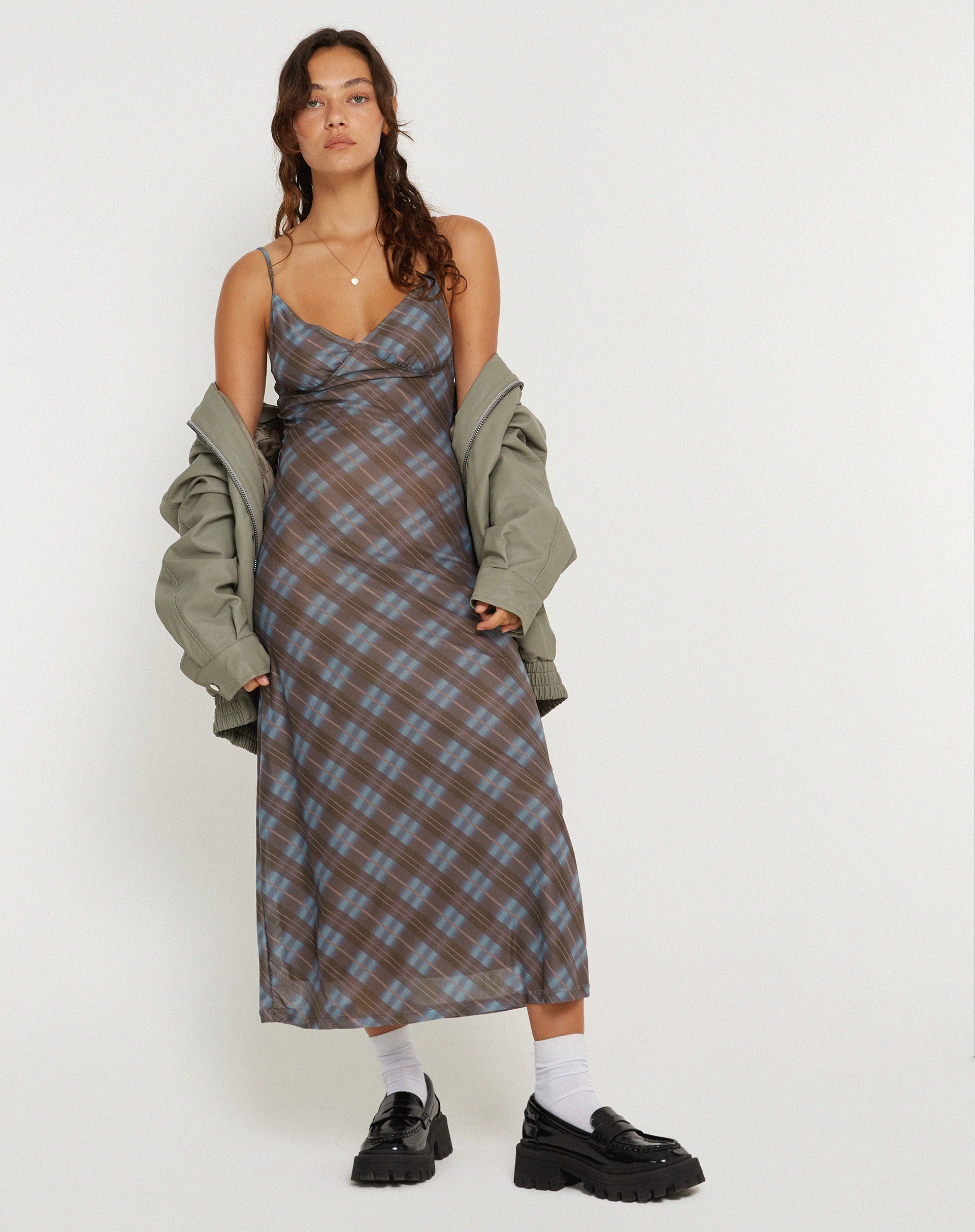 Image de KALANA DRESS GREEN BLURRED CHECK DARK OLIVE