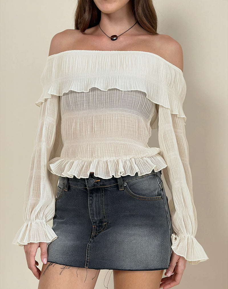 Image de Kalena Long Sleeve Bardot Top in Chiffon Plisse Ivory