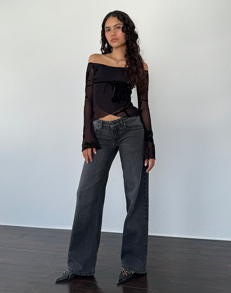 Image de Kareena Long Sleeve Bardot Top in Orchid Flock Black