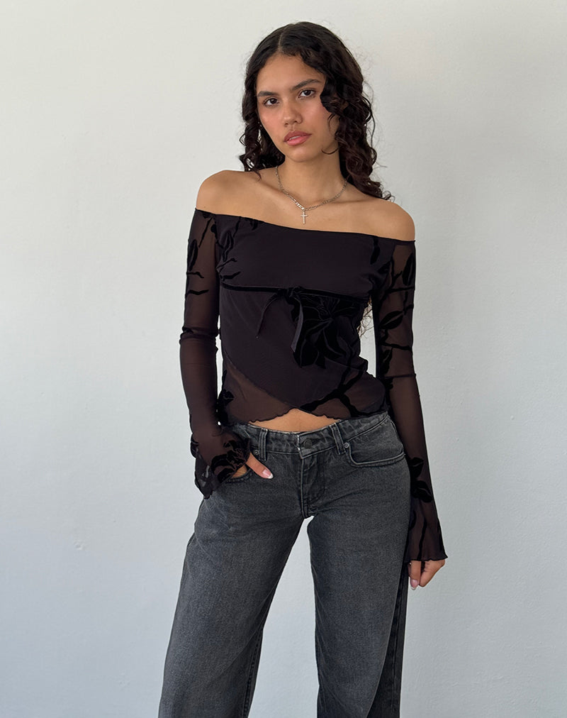 Image de Kareena Long Sleeve Bardot Top in Orchid Flock Black