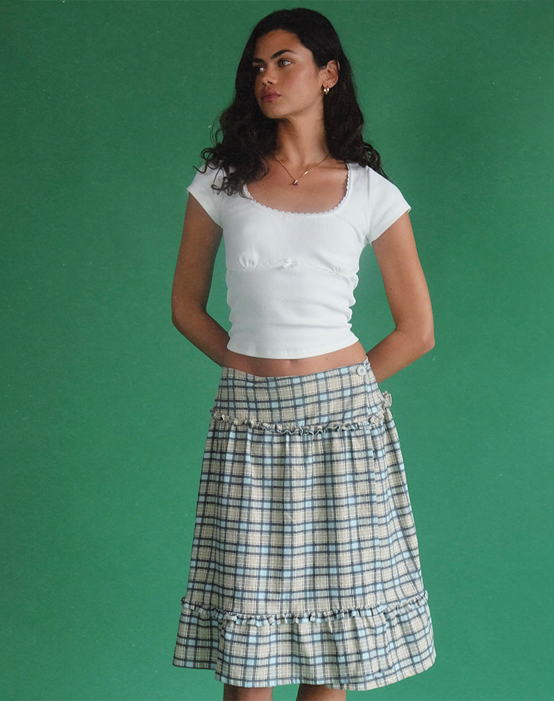 Jupe midi Kasya, tissu écossais bleu pastel