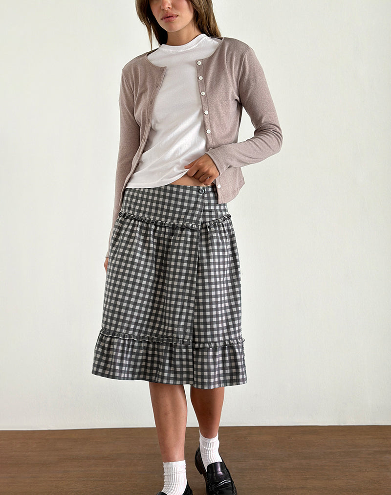 Jupe midi Kasya, vichy ton sur ton, noir et gris