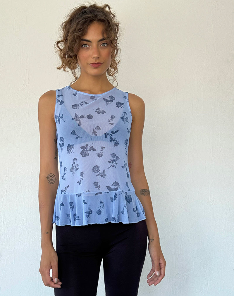 Top Katnis en maille florale bleu encre