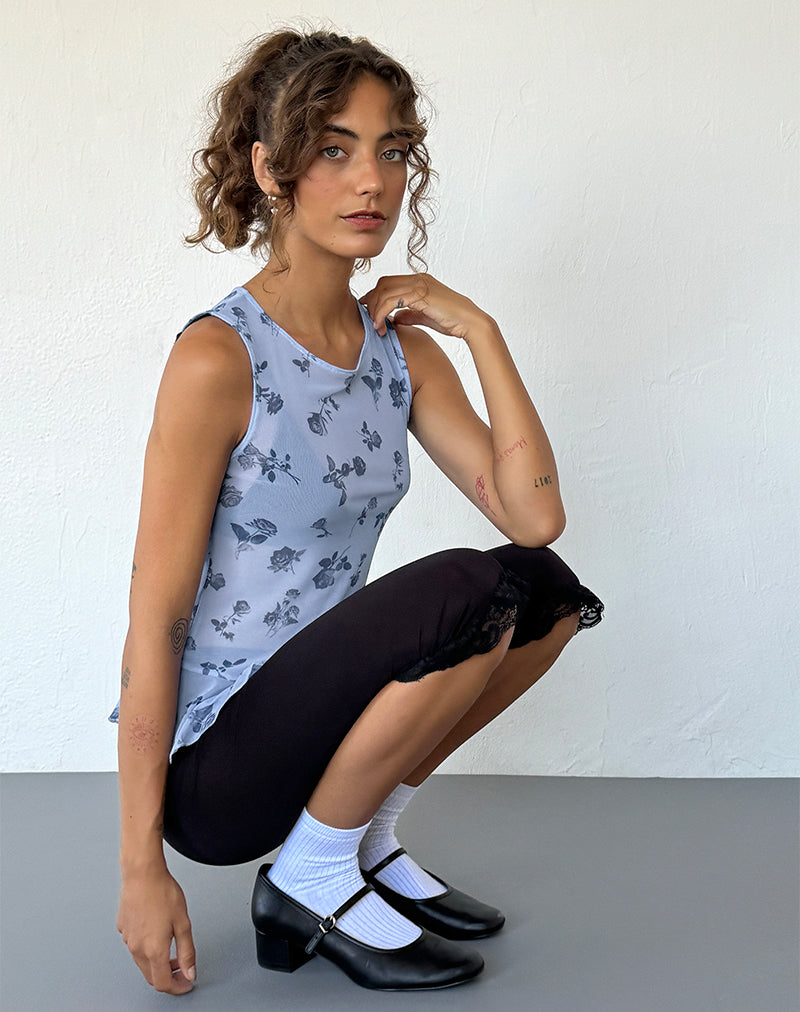 Top Katnis en maille florale bleu encre