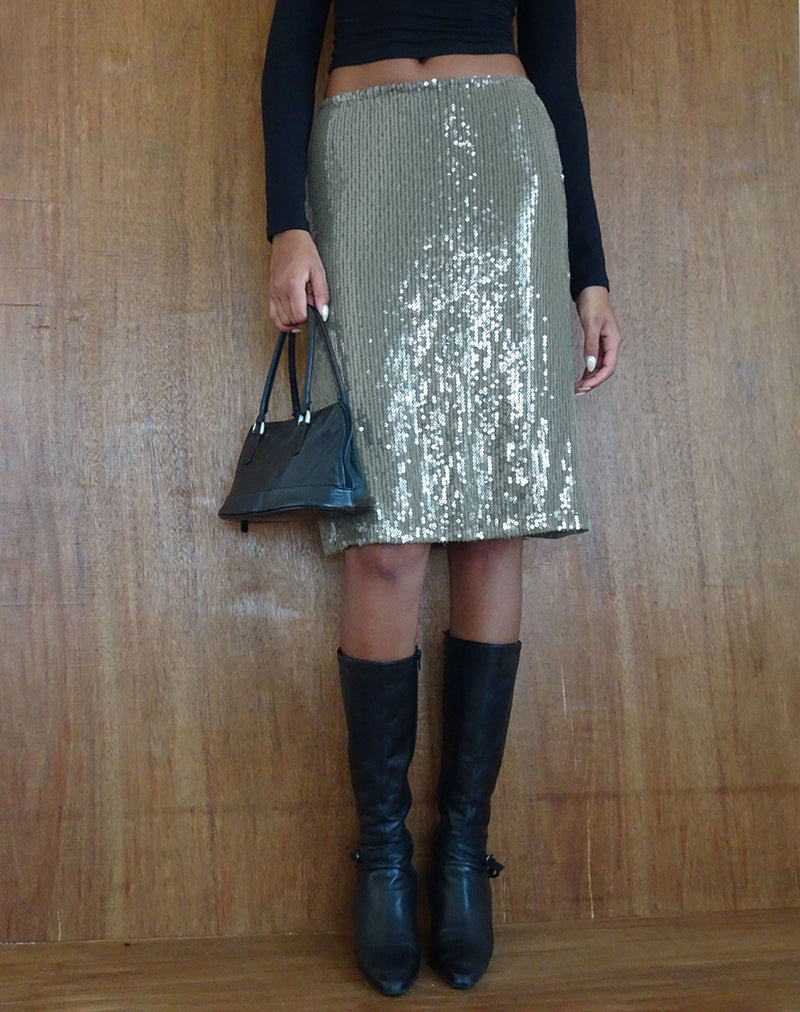 Image de Kavi Midi Skirt in Khaki Green Clear Sequin
