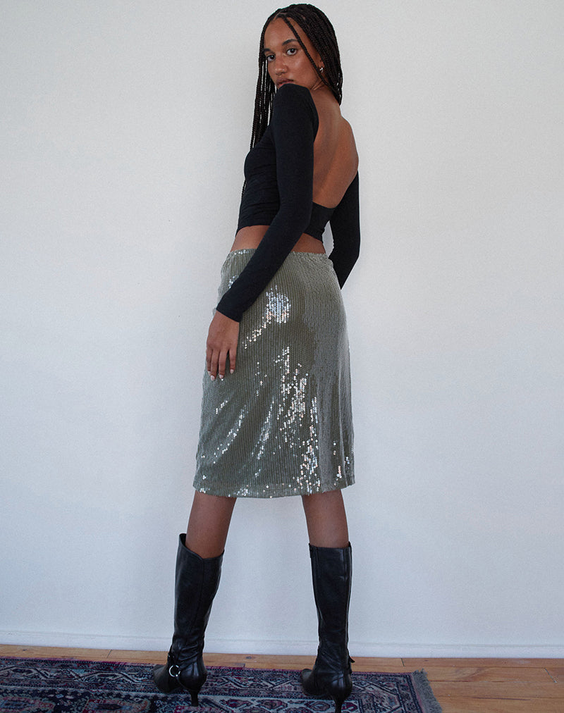 Image de Kavi Midi Skirt in Khaki Green Clear Sequin