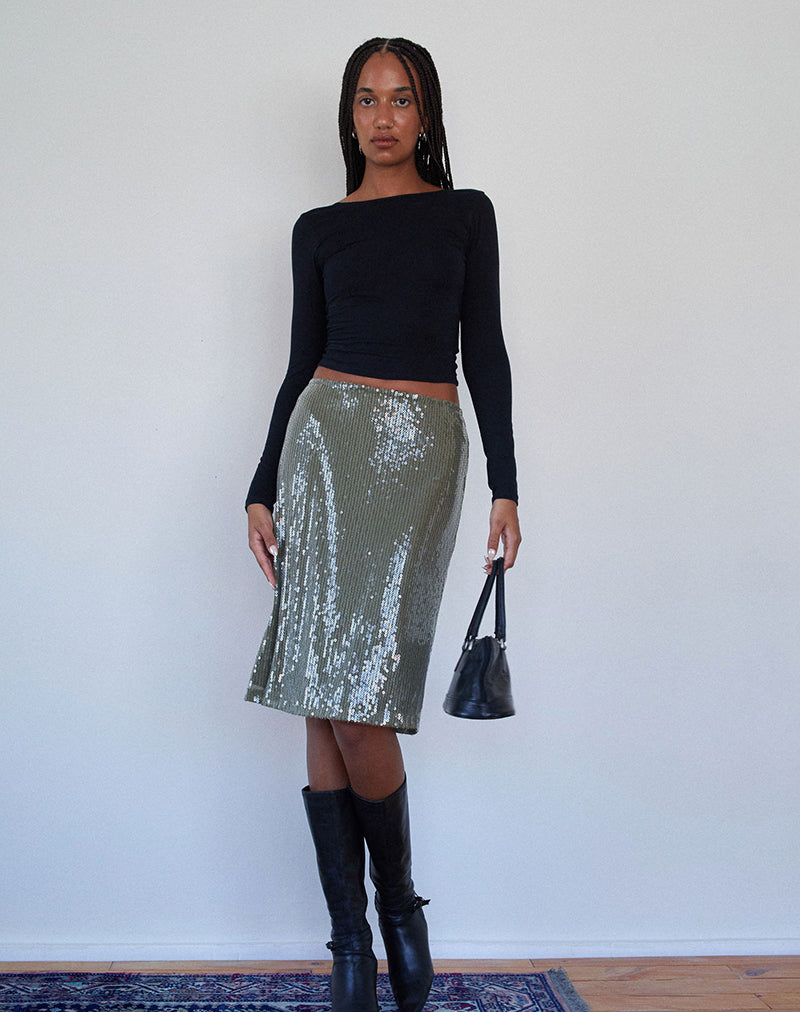 Image de Kavi Midi Skirt in Khaki Green Clear Sequin