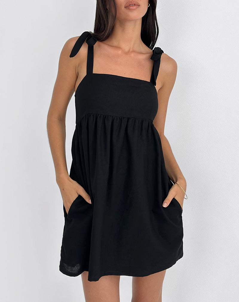 Kayla - Mini robe à encolure carrée, lin, noir