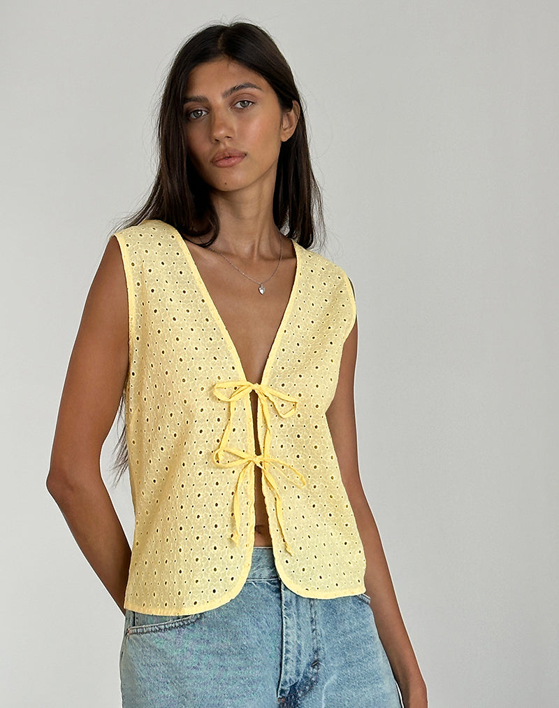 Image de Kayve Tie Front Top in Broderie Yellow