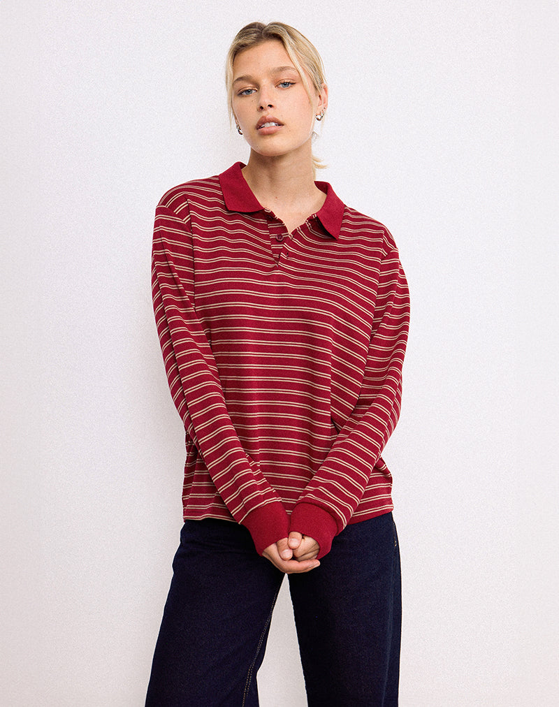 Kemillau Baggy Shirt in Burgundy with White Stripes (Chemise ample bourgogne à rayures blanches)