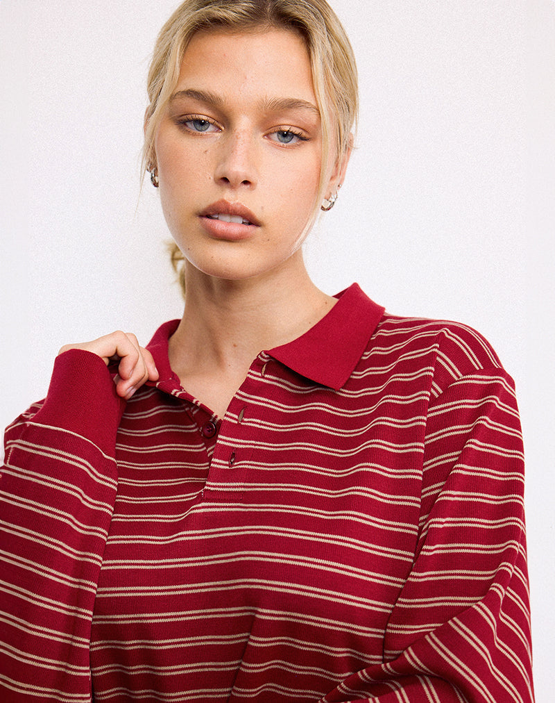 Kemillau Baggy Shirt in Burgundy with White Stripes (Chemise ample bourgogne à rayures blanches)