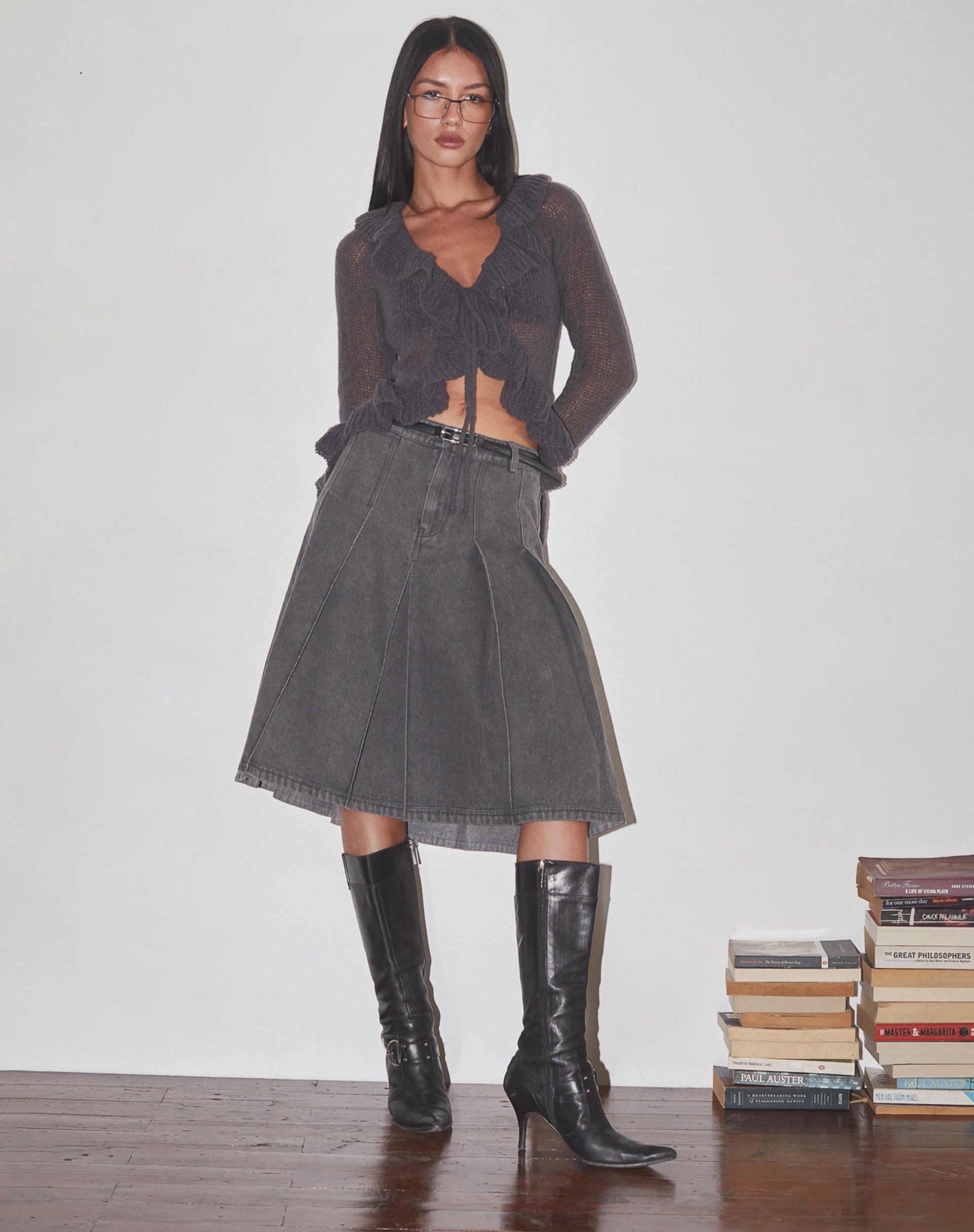 Image de Kendra Cardigan à volants en tricot anthracite foncé