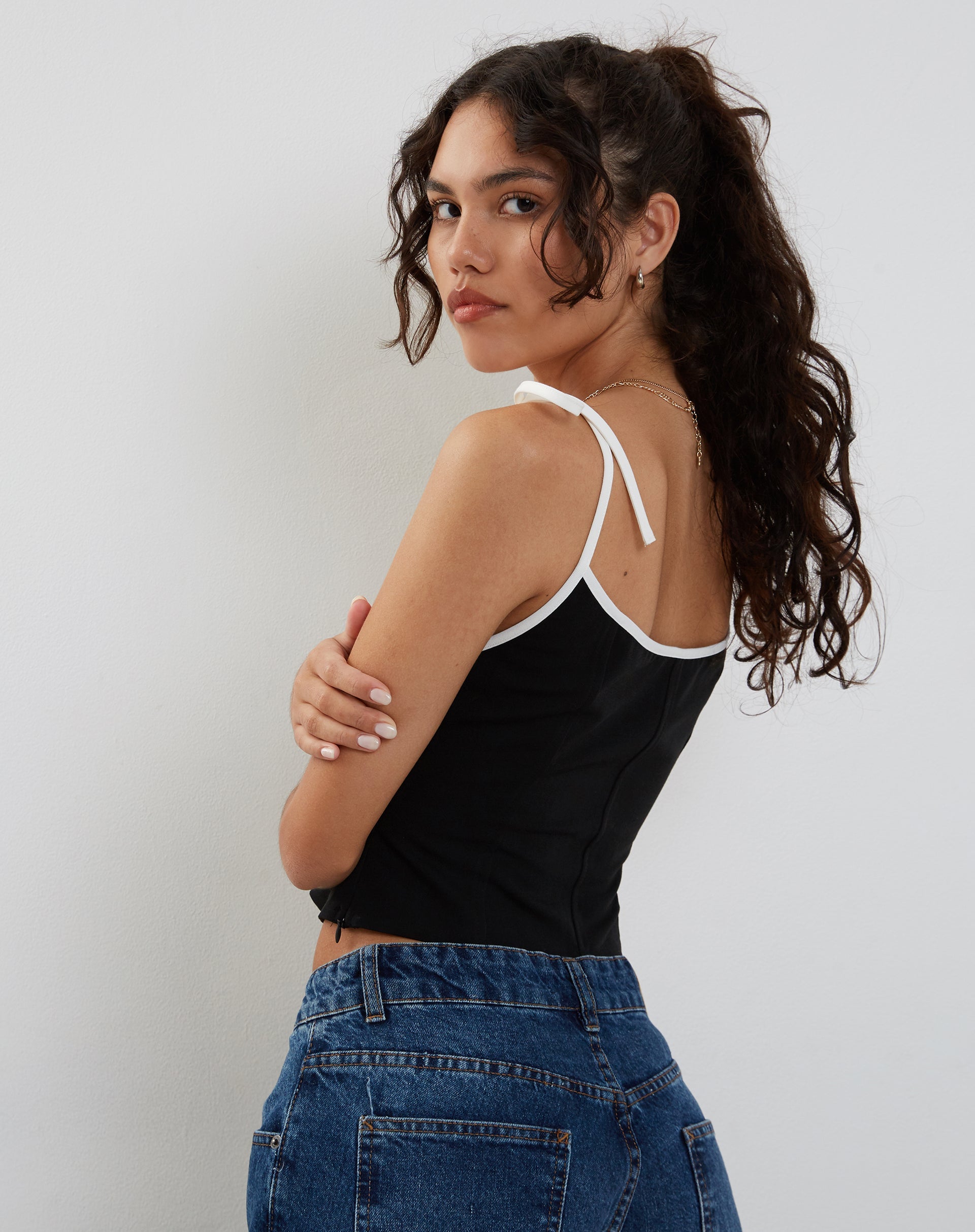 Image de Kiona Corset Top in Black with White Binding