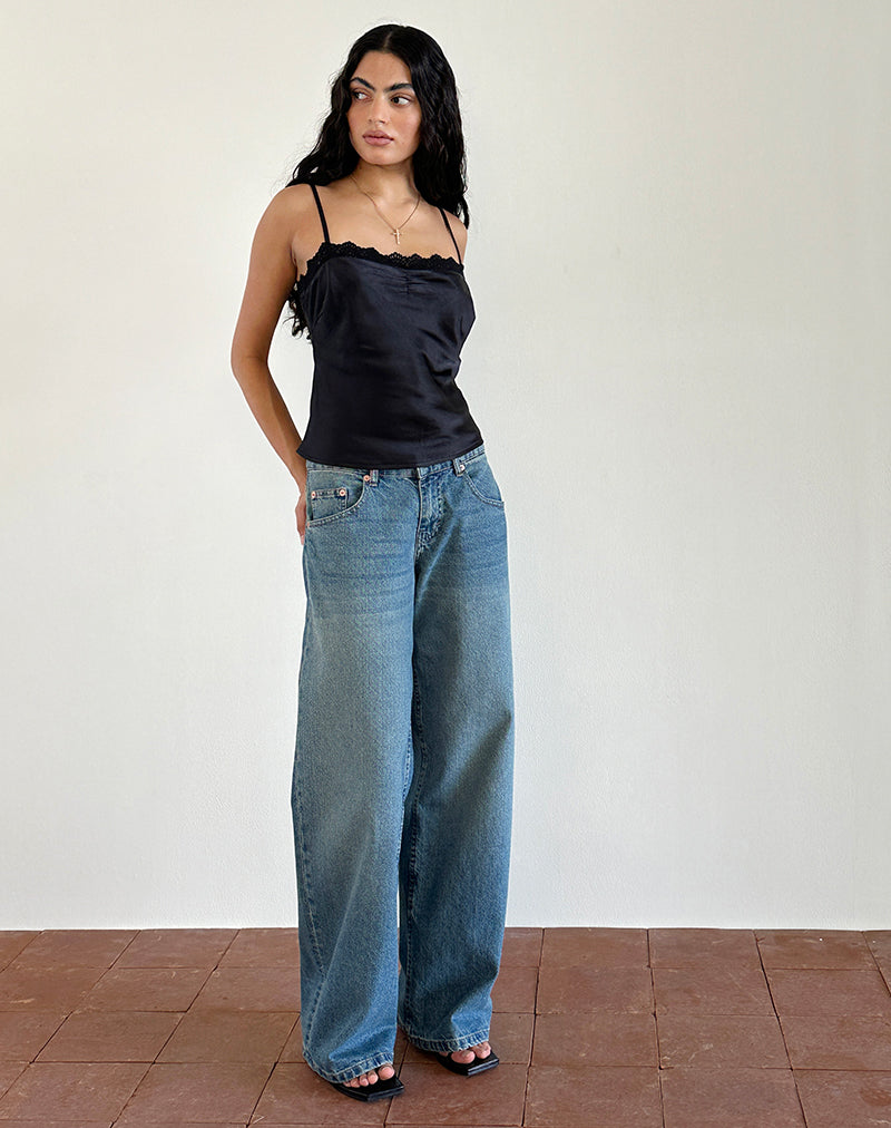 Top Kira en satin noir avec dentelle noire