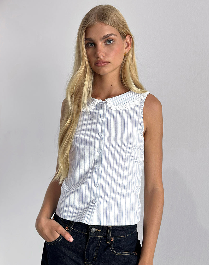Chemise Kitami, lin blanc bleu rayé
