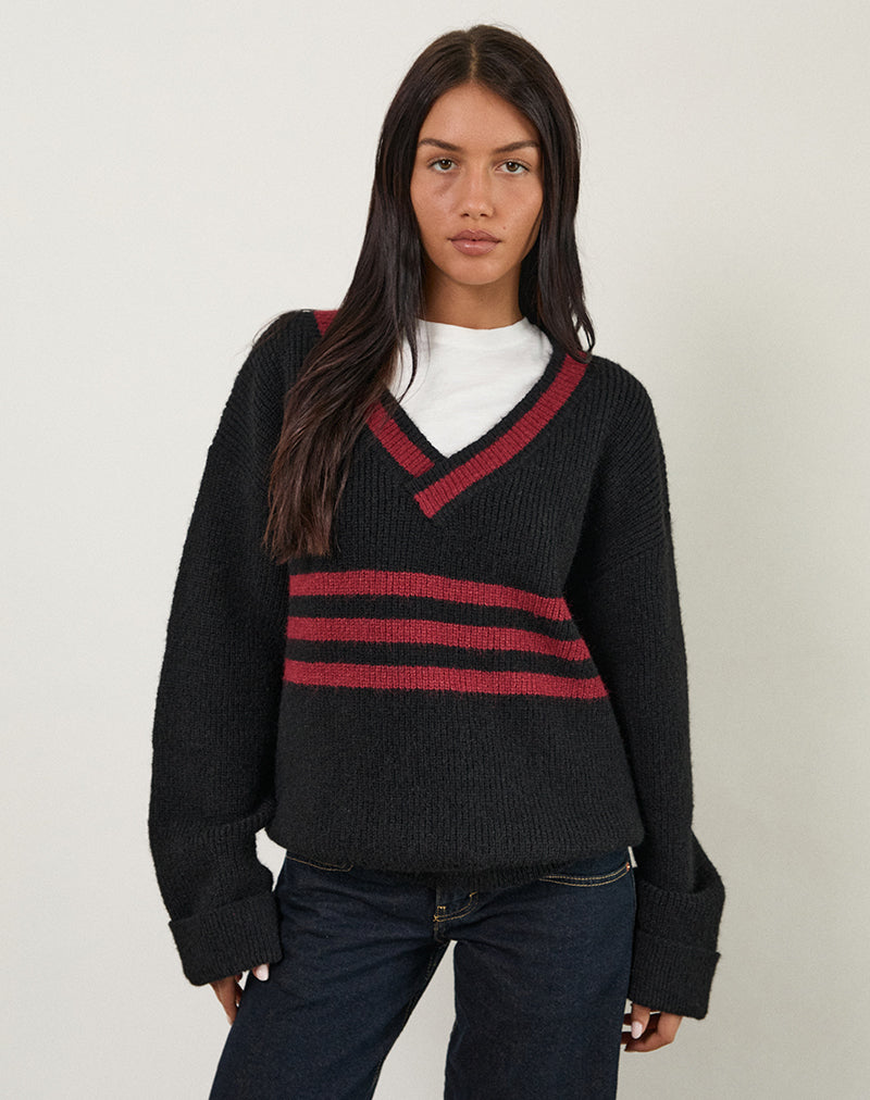 Pull Knitza noir à rayures rouges