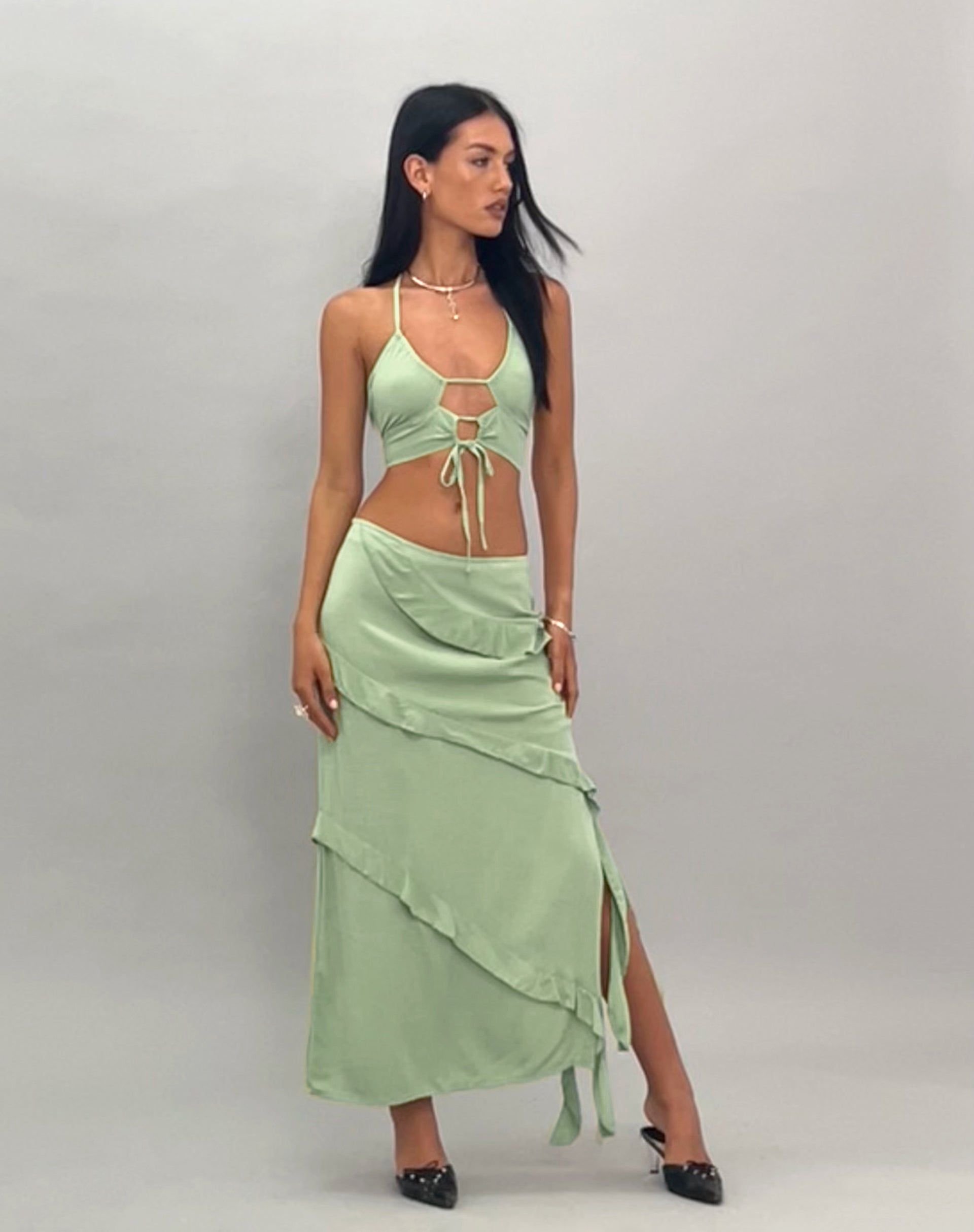 Image de Varena Low Rise Ruffle Maxi Skirt in Mint Sage