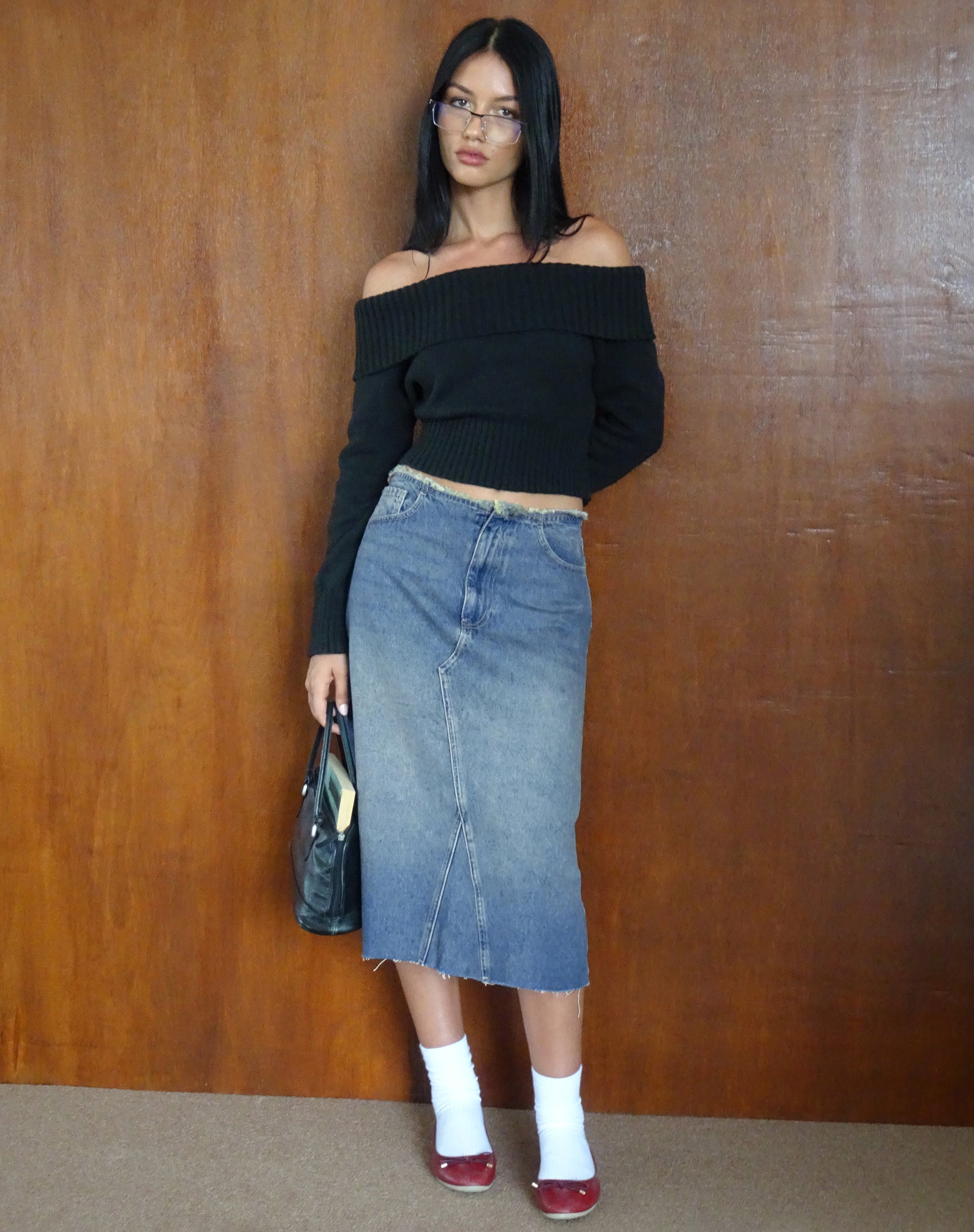 Image of Low Rise Denim Midi Skirt in Vintage Blue Green